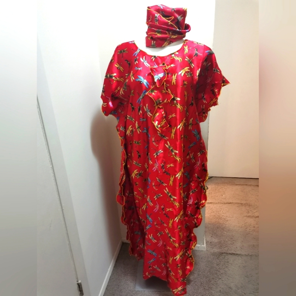 Brand New Custom Made Elegant Multicolore Dragonflies Satin Dress With Scarf.